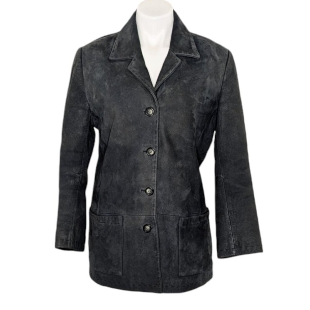 VTG Blue Green Gray Button Front Leather Coat The Territory Ahead Winter